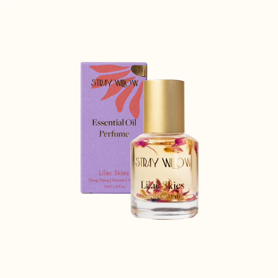 Stray Willow Lilac Skies essential oil perfume bottle and packaging on a white background