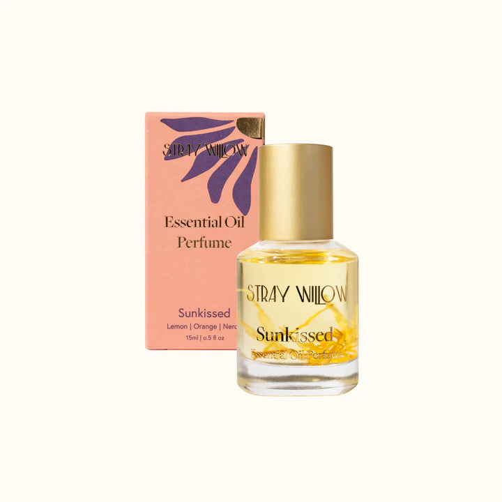 Stray Willow Sunkissed essential oil perfume bottle and packaging on a white background