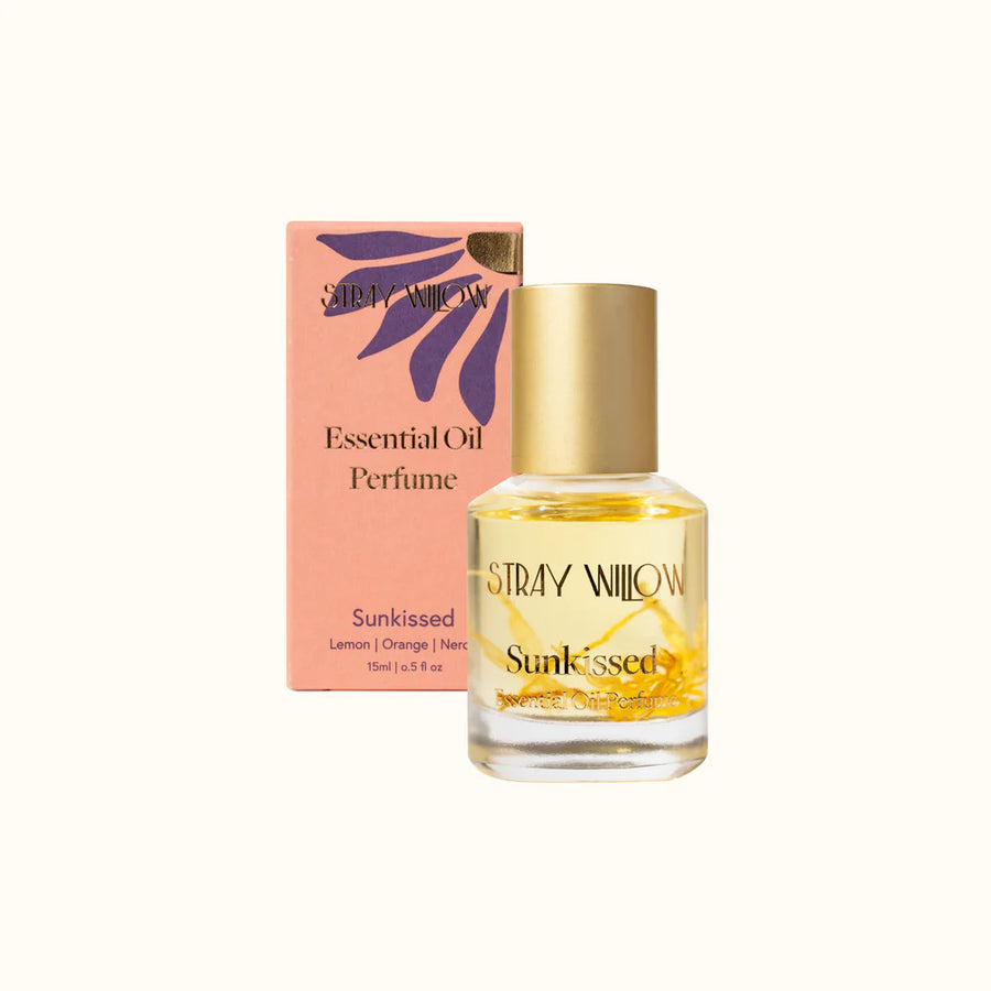 Stray Willow Sunkissed essential oil perfume bottle and packaging on a white background