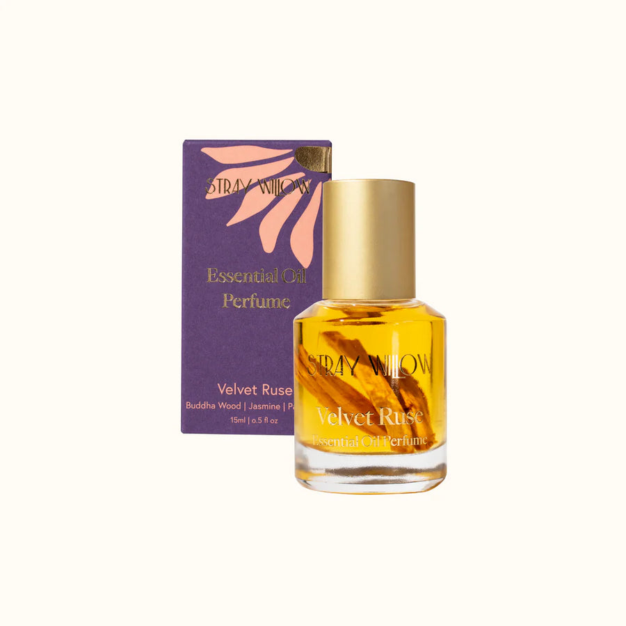 Stray Willow Essential Oil Perfume bottle with packaging on a white background