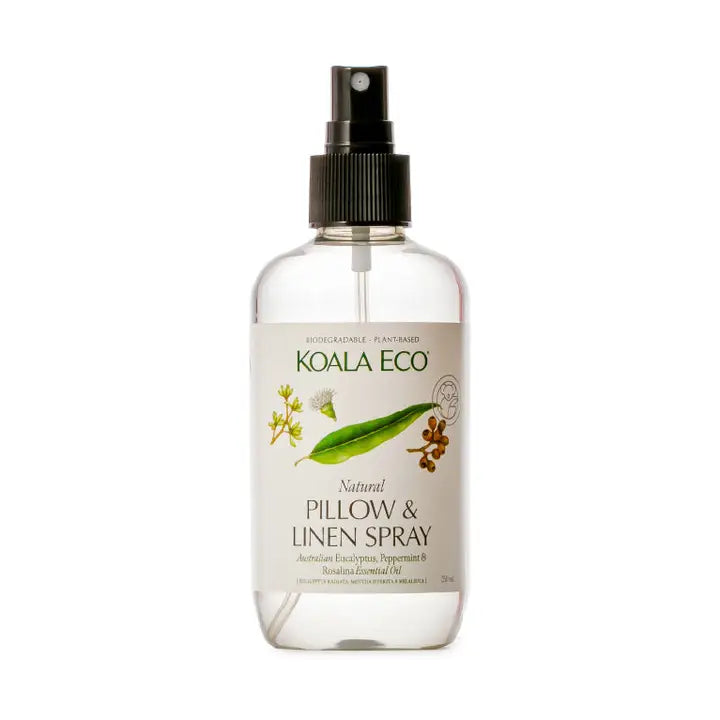 Koala Eco pillow and linen spray bottle on a white background