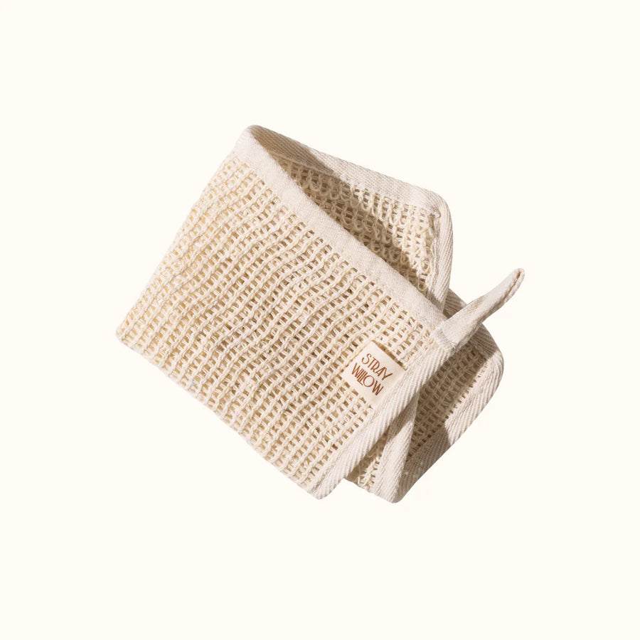 Exfoliating body cloth on a white background with the brand 'Stray Willow'