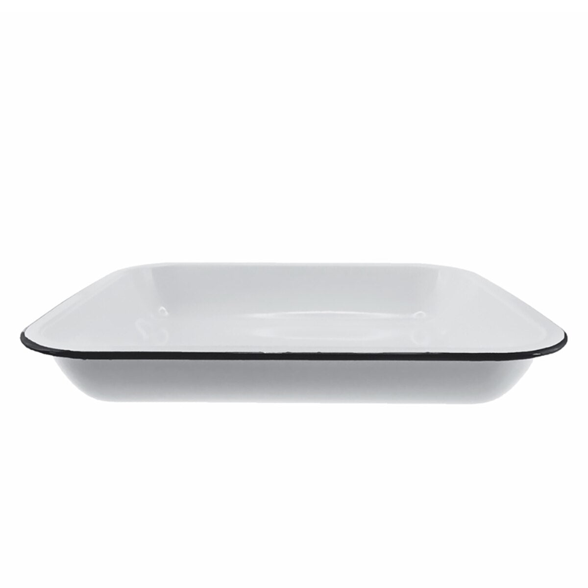 White enamel rectangular dish with black rim on a white background