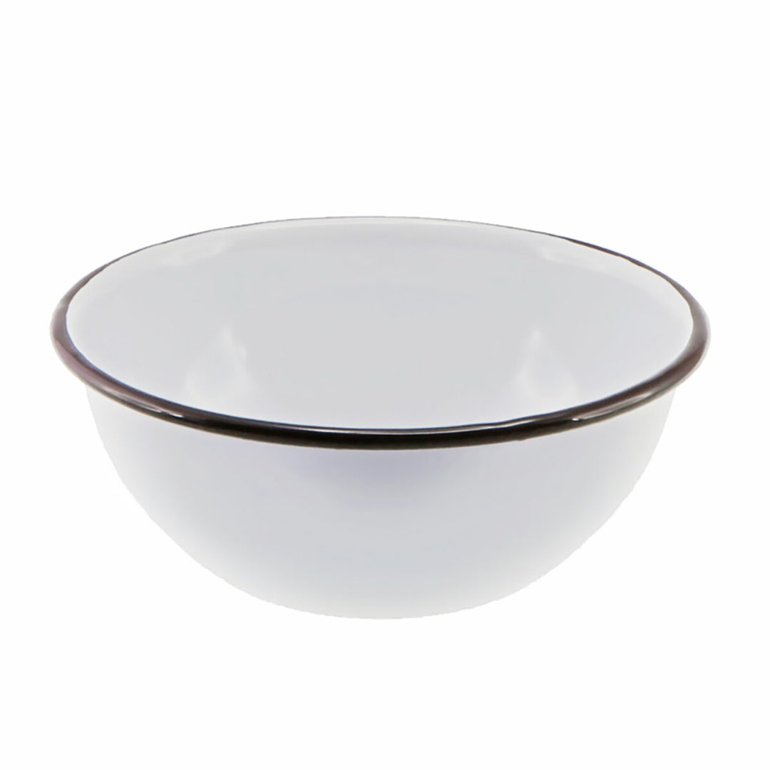 White bowl with a black rim on a white background