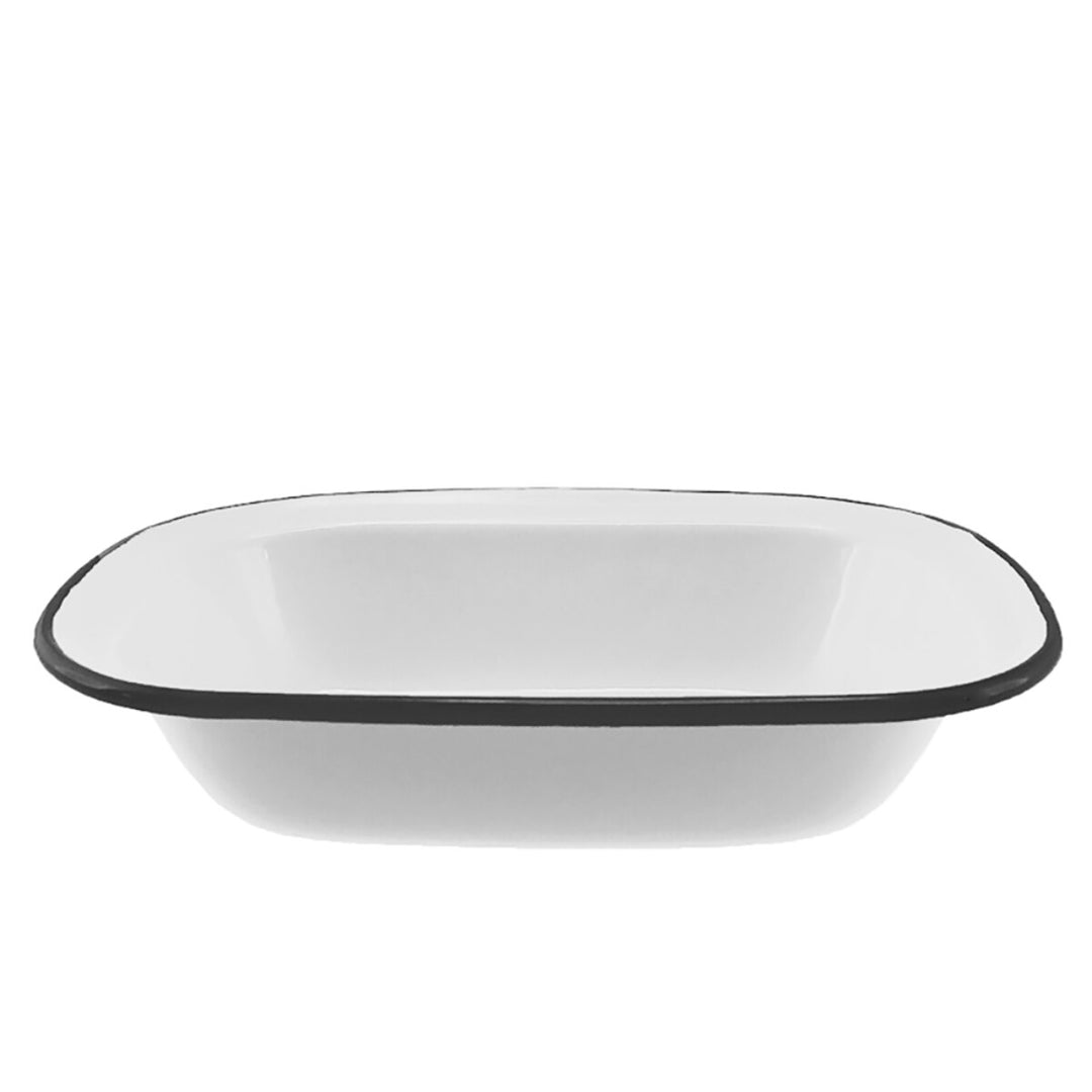 White rectangular enamelware dish with black rim on a white background