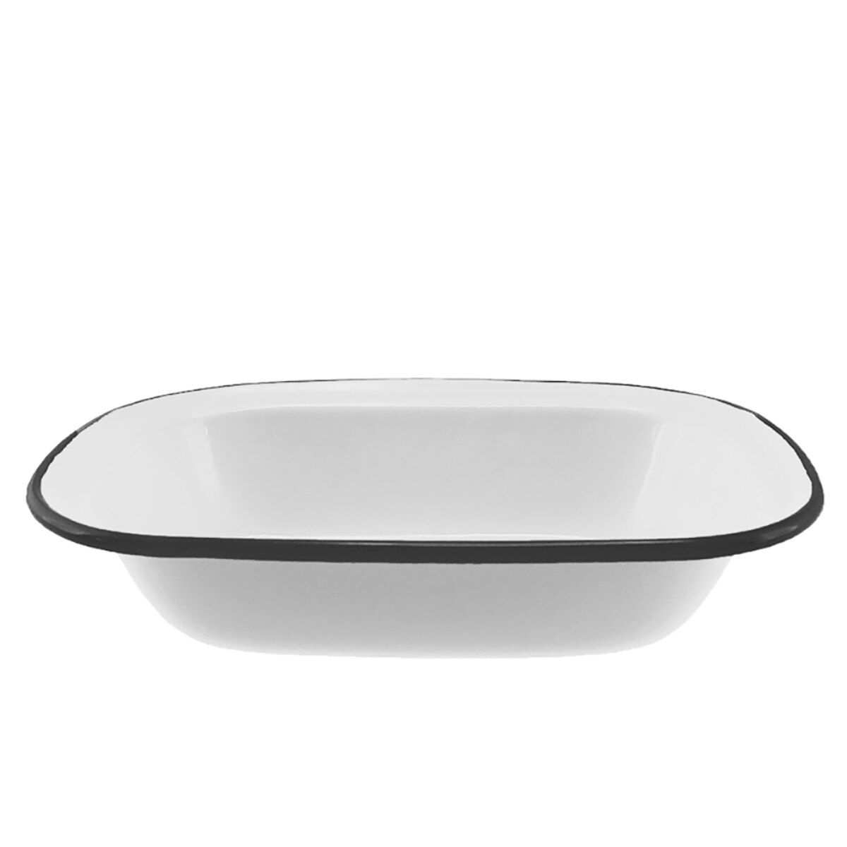 White rectangular enamelware dish with black rim on a white background