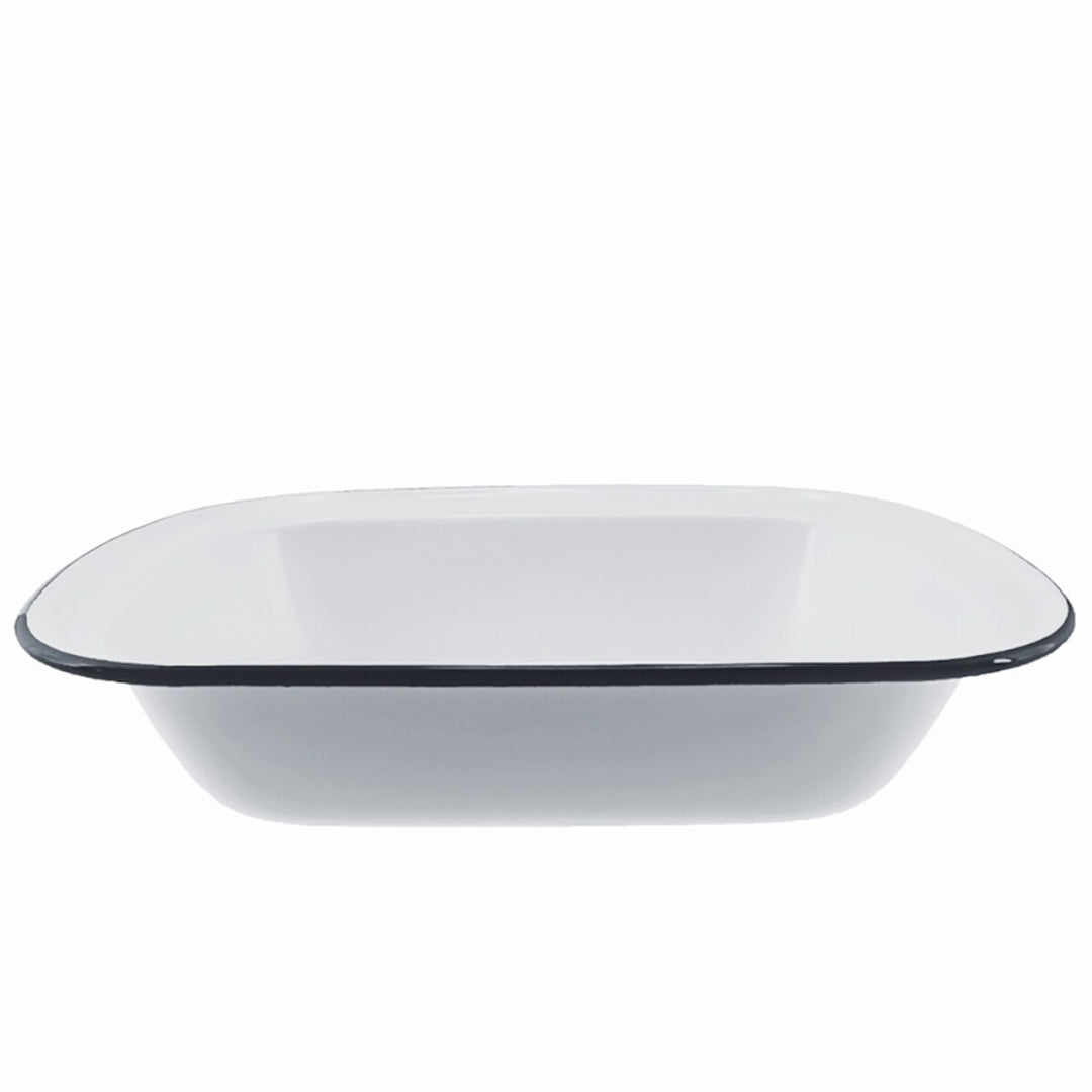 White enamel bowl with black rim on a white background