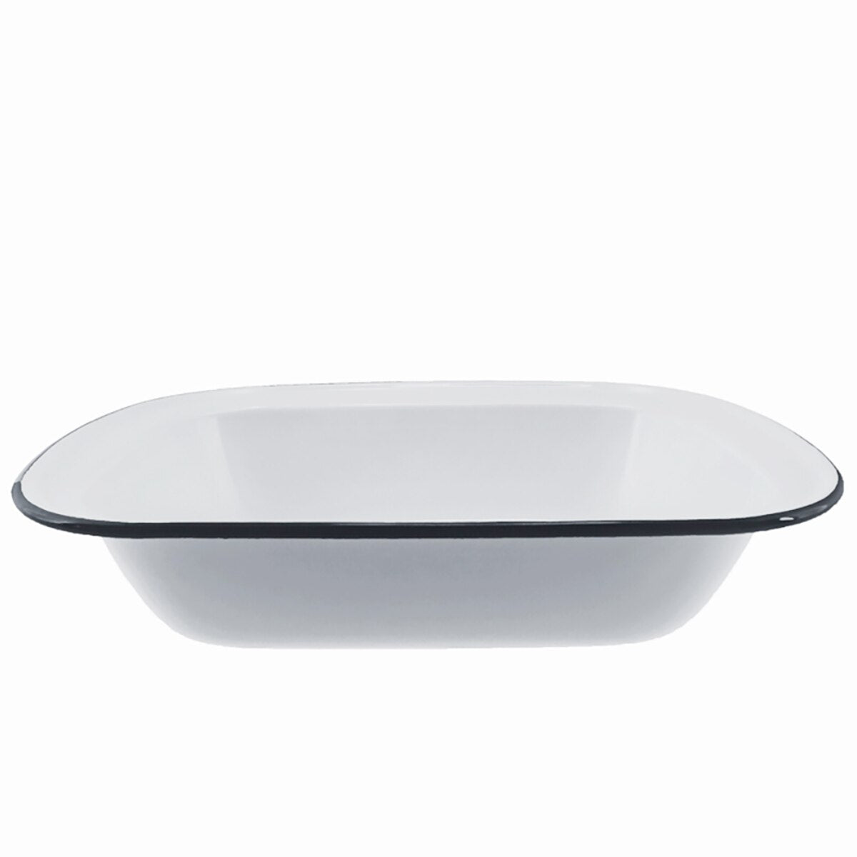 White enamel bowl with black rim on a white background