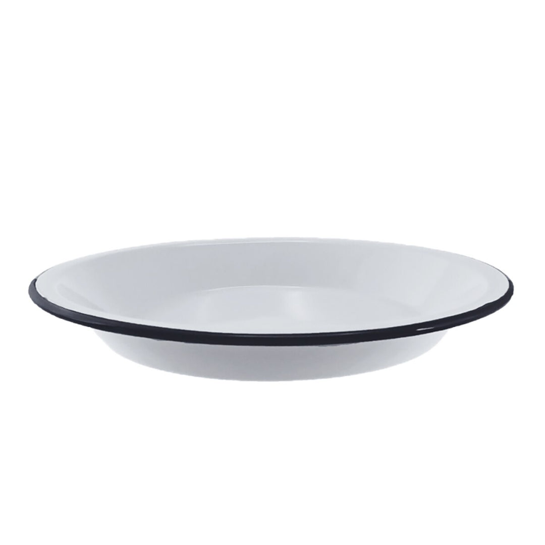 White pie dish with black rim on a white background