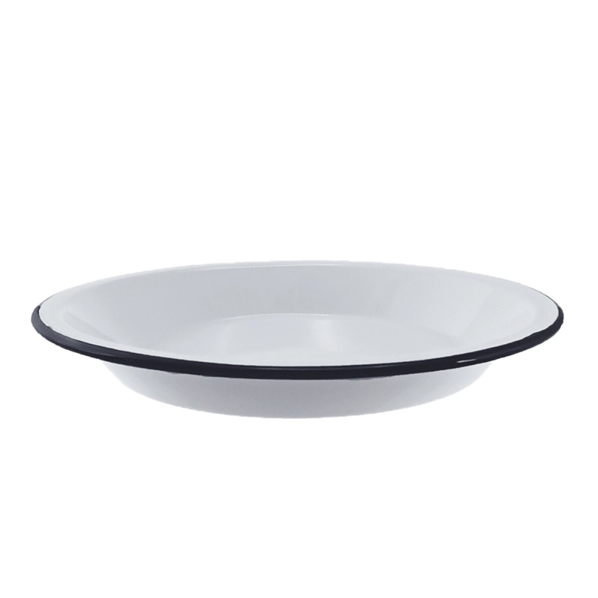 White pie dish with black rim on a white background