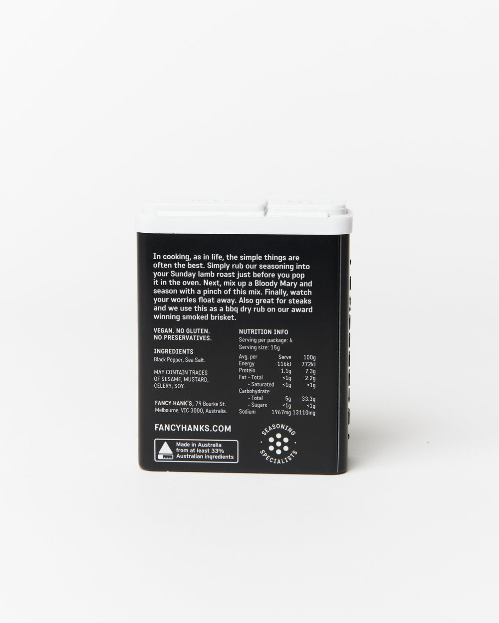 Fancy Hanks BBQ pepper seasoning in black and white tin on a white background