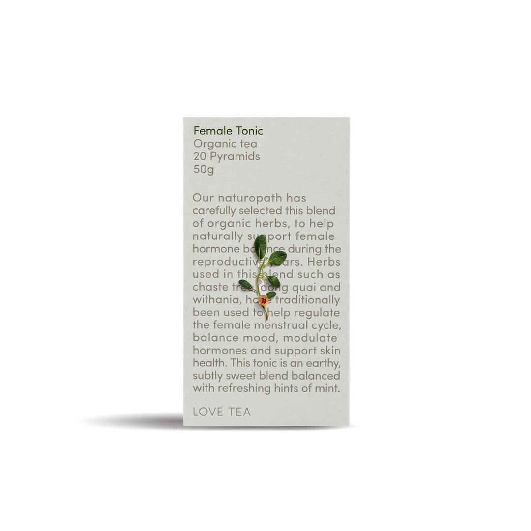 Box of Female Tonic Organic Tea with text on a white background