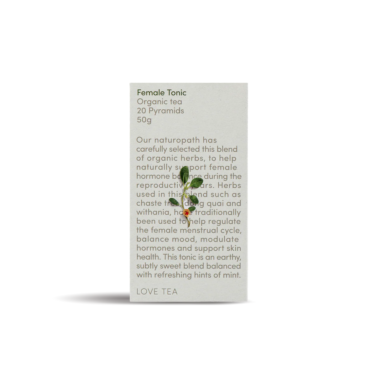 Box of Female Tonic Organic Tea with text on a white background