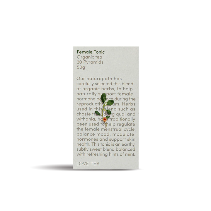 Box of Female Tonic Organic Tea with text on a white background