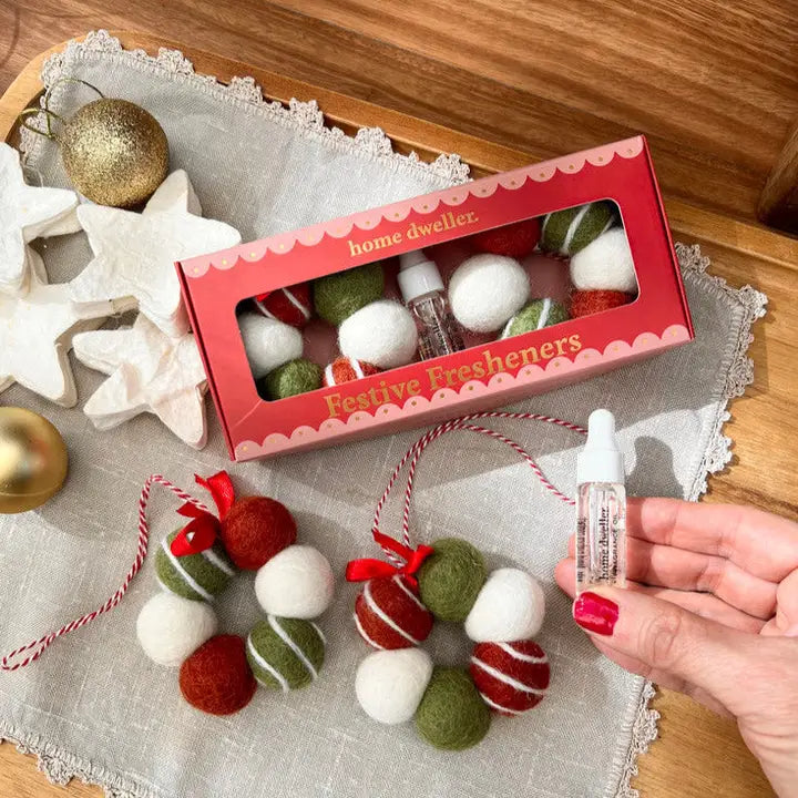 Festive freshener set with Christmas-themed balls and a bottle on a wooden surface.