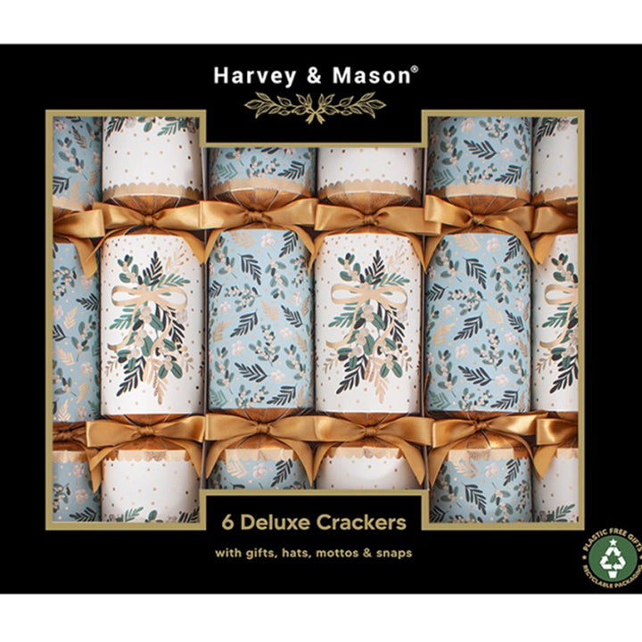 Box of Harvey & Mason deluxe crackers with decorative bows and patterns.