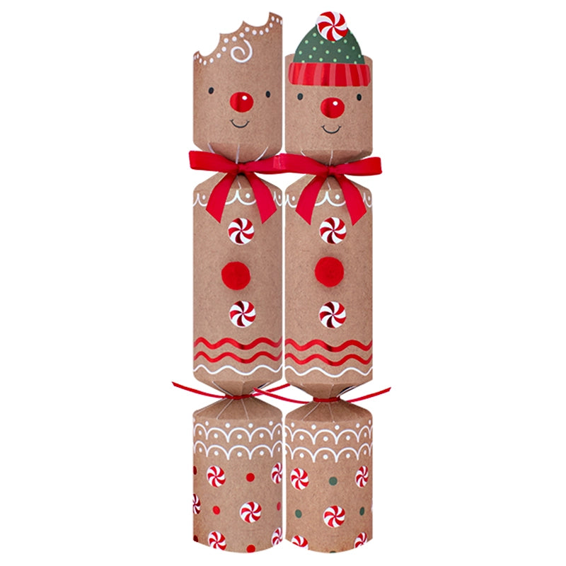 Two Christmas crackers with gingerbread designs on a white background