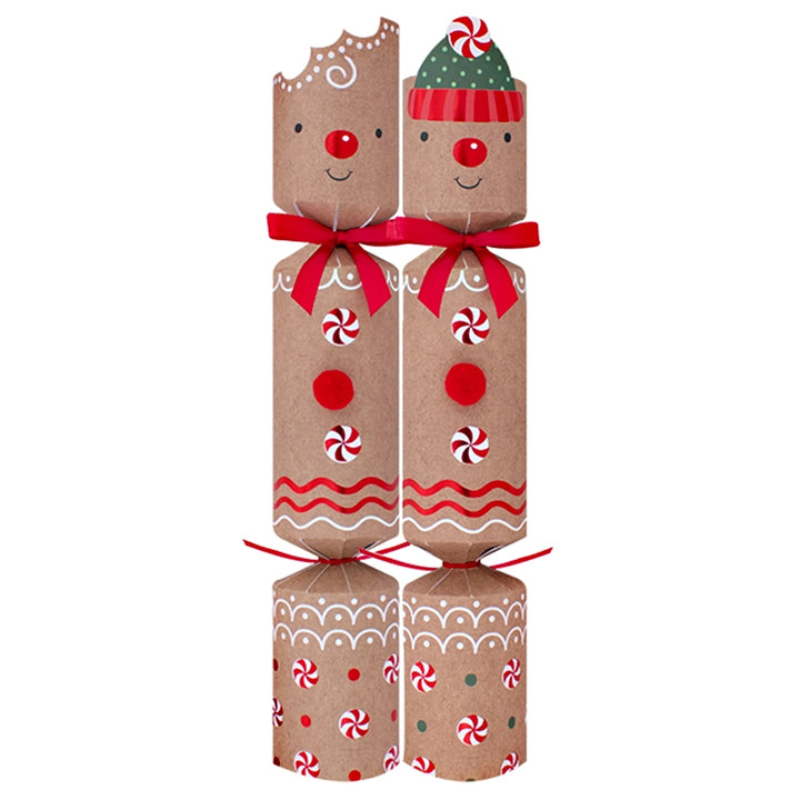 Two Christmas crackers with gingerbread designs on a white background
