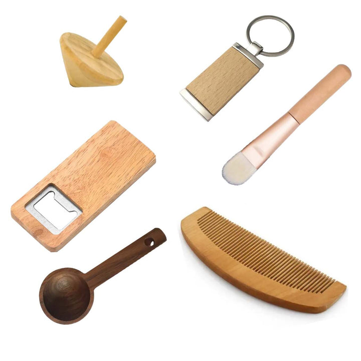 Collection of wooden items including a bottle opener, keychain, brush, and comb on a white background