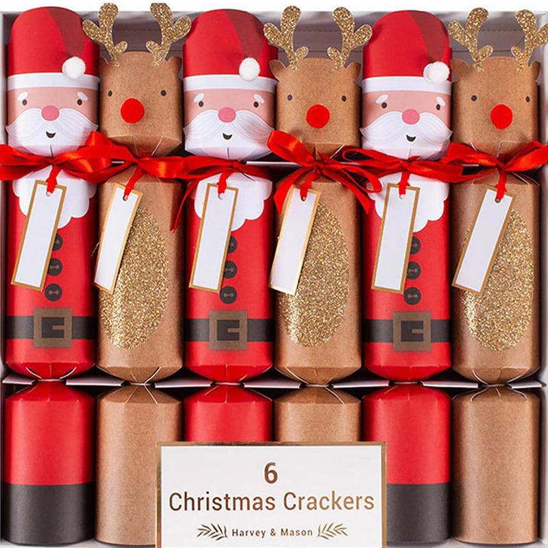 Box of Christmas crackers with Santa and reindeer designs, featuring red and brown colors.