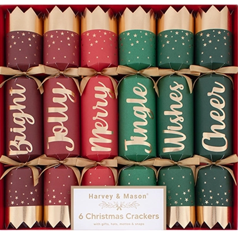 Box of Harvey & Mason Christmas crackers with colorful packaging and visible brand name.