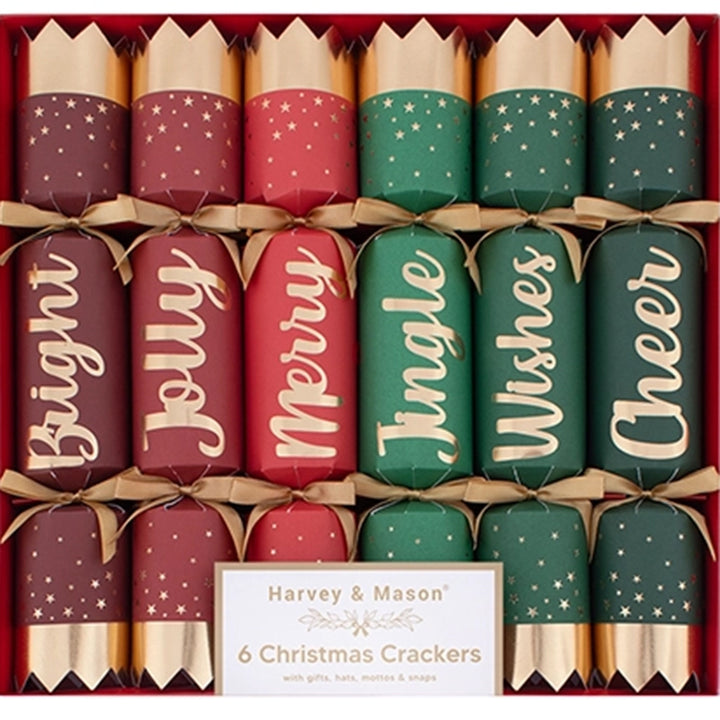 Box of Harvey & Mason Christmas crackers with colorful packaging and visible brand name.