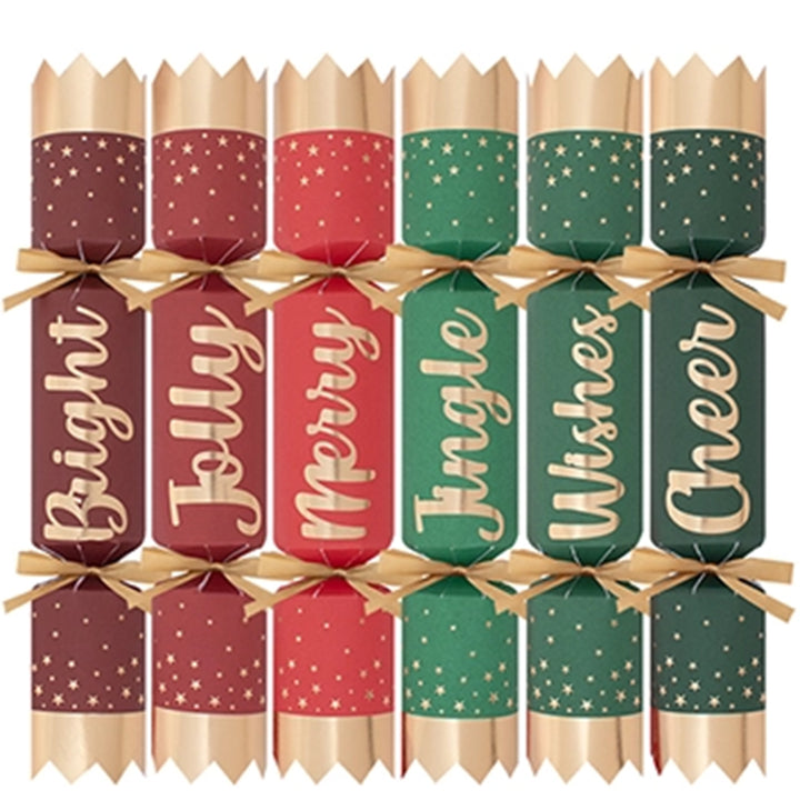 Set of Christmas crackers with festive text on a white background