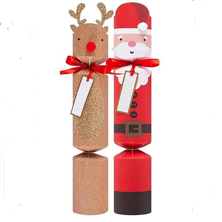 Two Christmas cracker decorations, one shaped like a reindeer and the other like Santa Claus, on a white background.