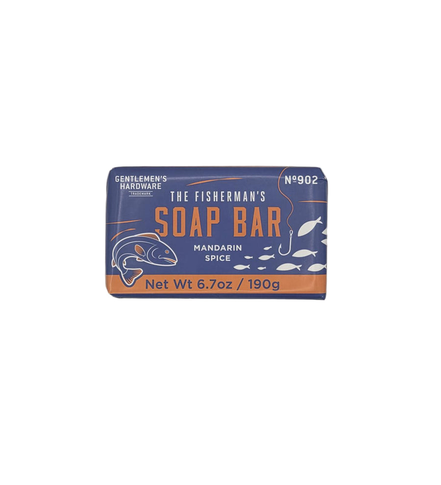 Soap bar packaging with 'The Fisherman's Soap Bar' branding on a gray background