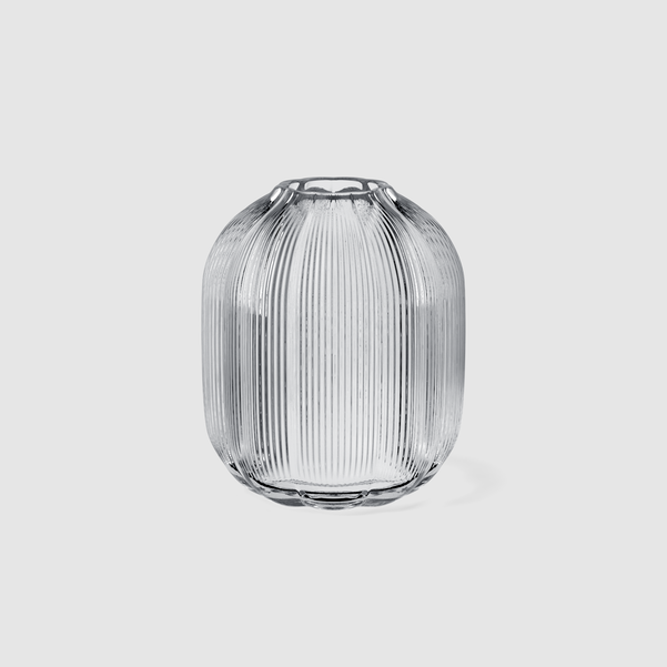Clear glass vase on a light gray background