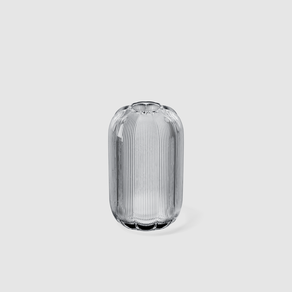 Clear glass vase with ribbed texture on a light gray background