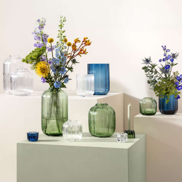Decorative setting with glass vases and flowers on a white background