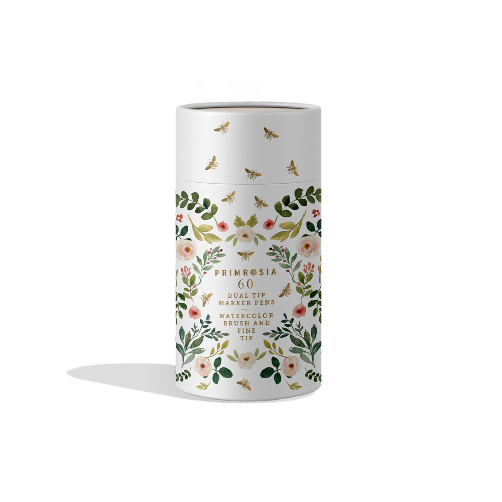 Decorative cylindrical container with 60 markers inside with floral design on a white background