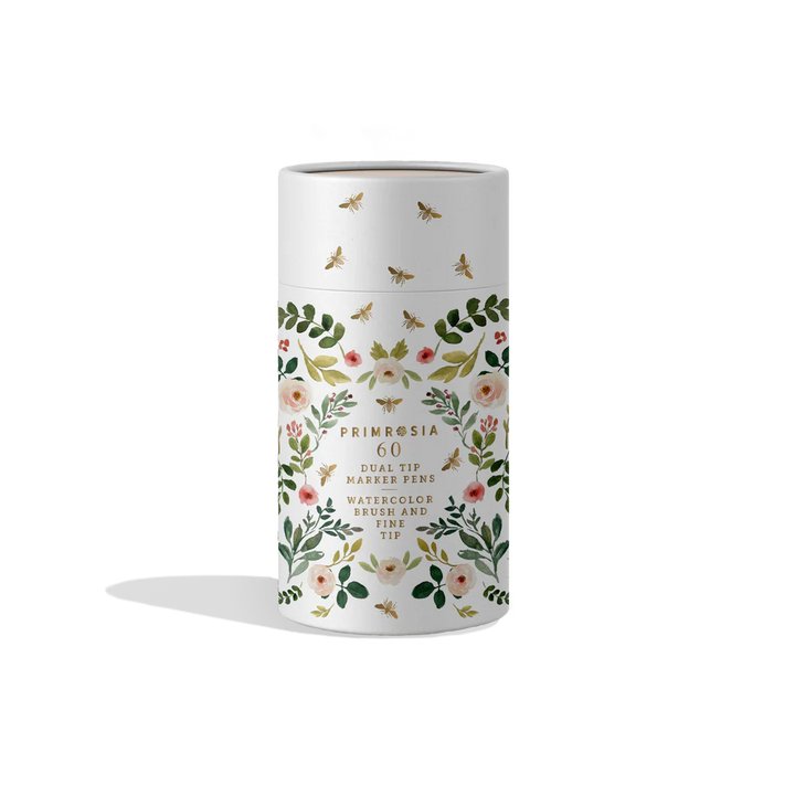 Decorative cylindrical container with 60 markers inside with floral design on a white background