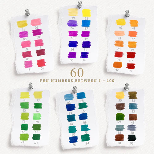 Set of six sheets with color swatches and pen numbers on a white background