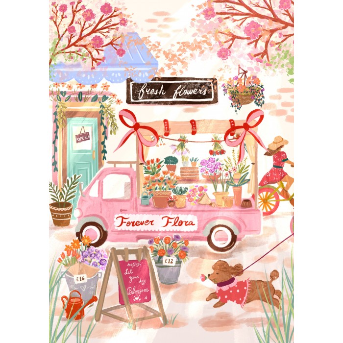 Illustration of a pink floral truck with flowers and plants, featuring 'Forever Flora' branding.