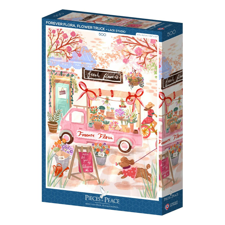 Jigsaw puzzle box with a pink flower truck and floral design on a white background