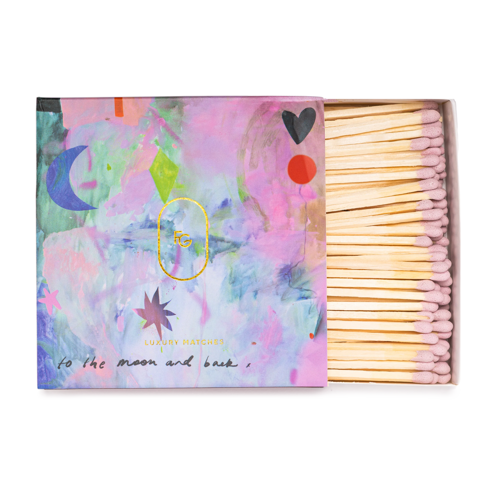 Matches with colorful packaging featuring abstract designs and text.