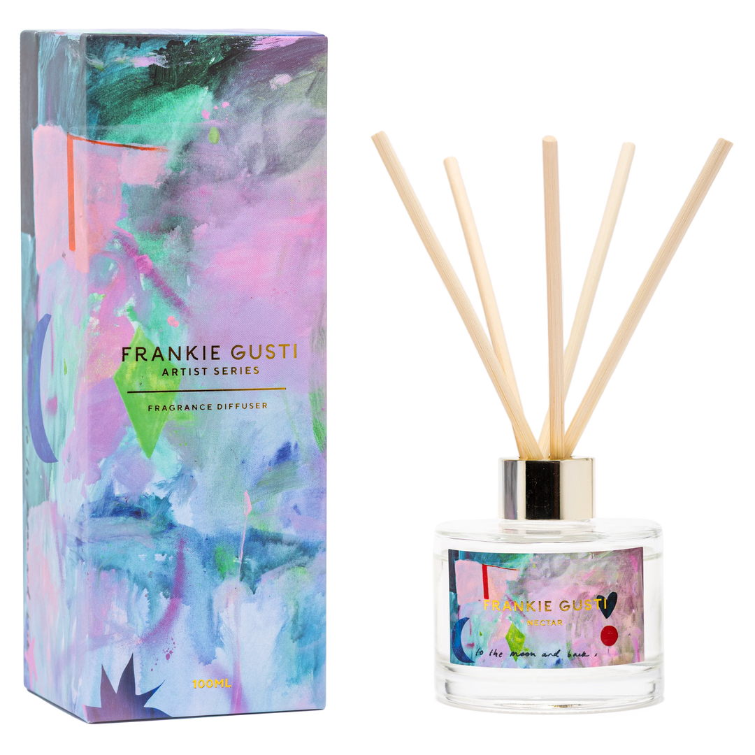 Frankie Gusti fragrance diffuser with colorful packaging on a white background