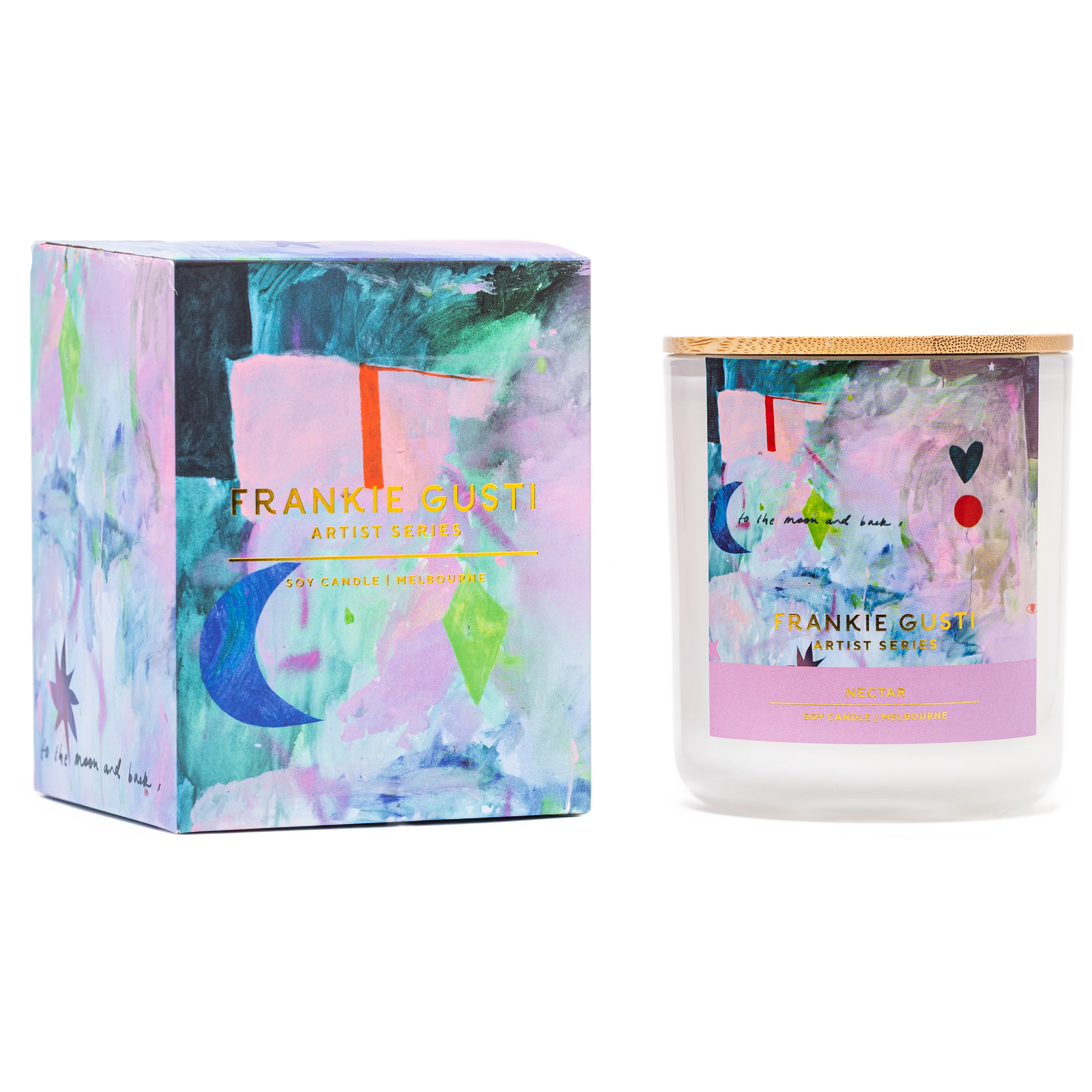 Frankie Gusti candle and packaging with colorful design