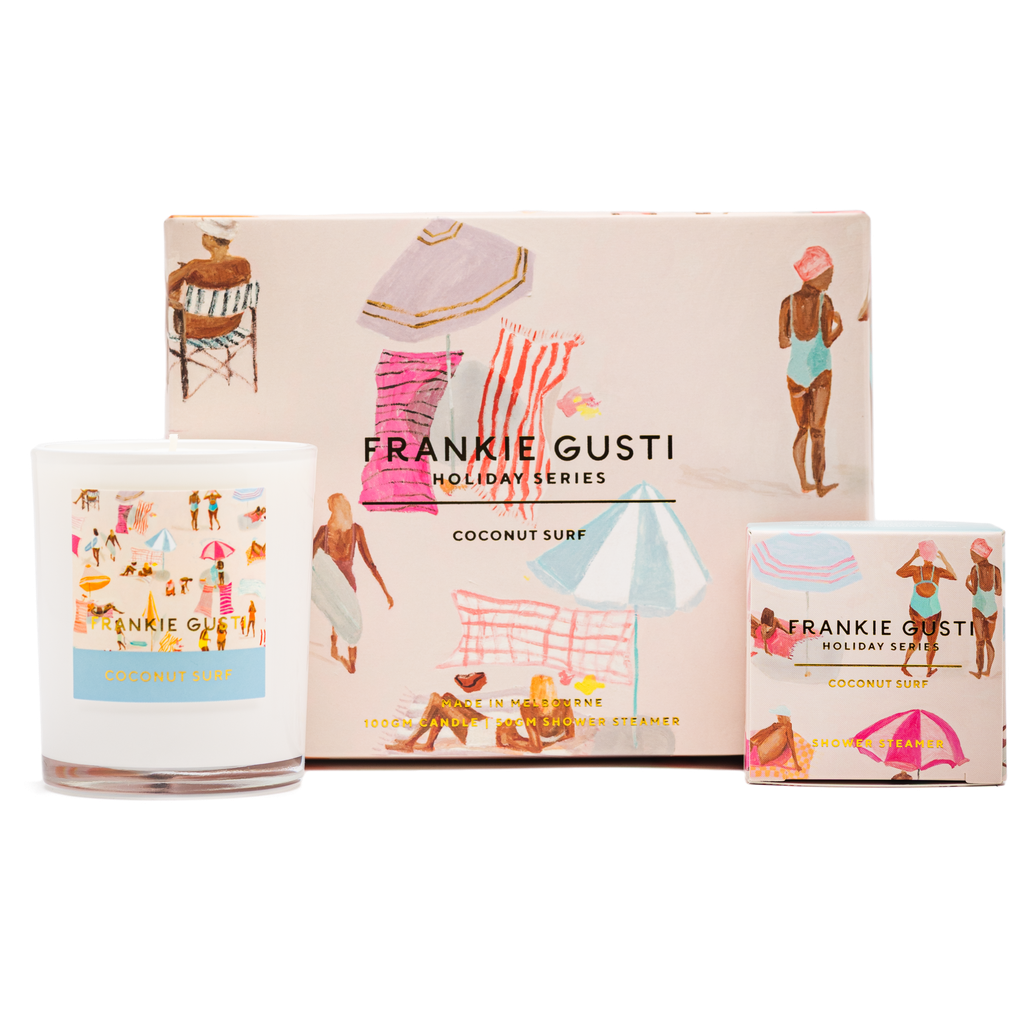 Frankie Gusti coconut surf candle and packaging on a white background