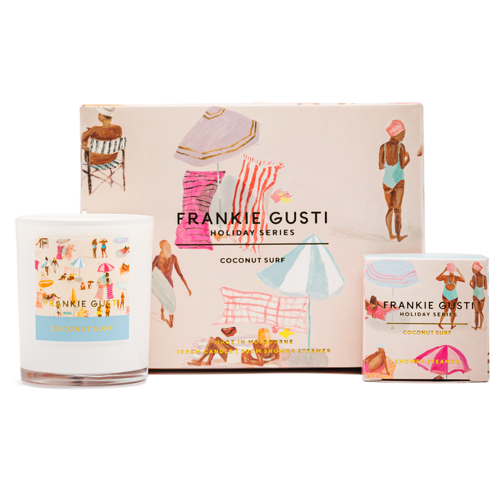 Frankie Gusti coconut surf candle and packaging on a white background