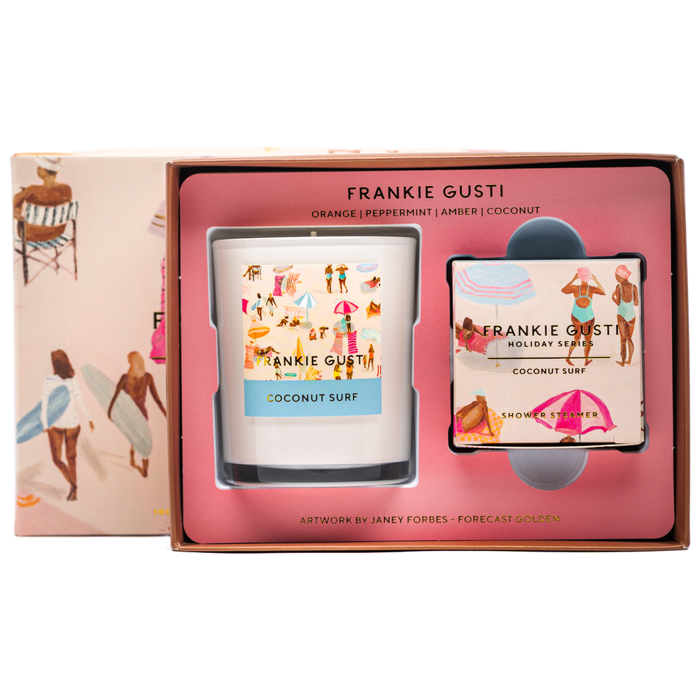 Frankie Gusti coconut surf candle and shower steamer set in packaging