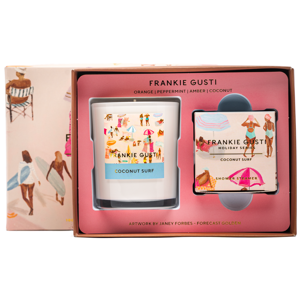Frankie Gusti coconut surf candle and shower steamer set in packaging