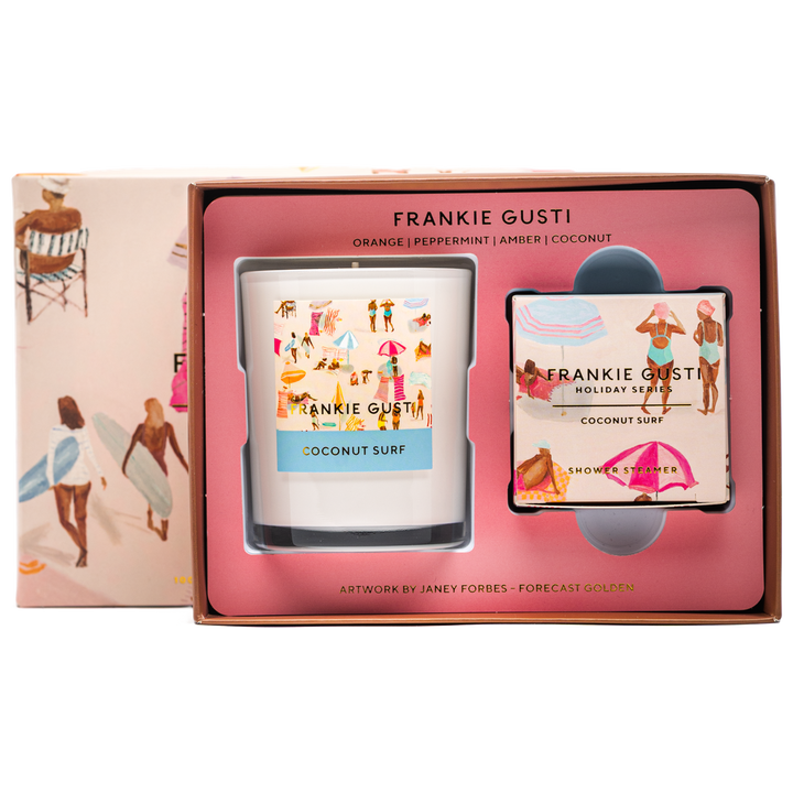 Frankie Gusti coconut surf candle and shower steamer set in packaging
