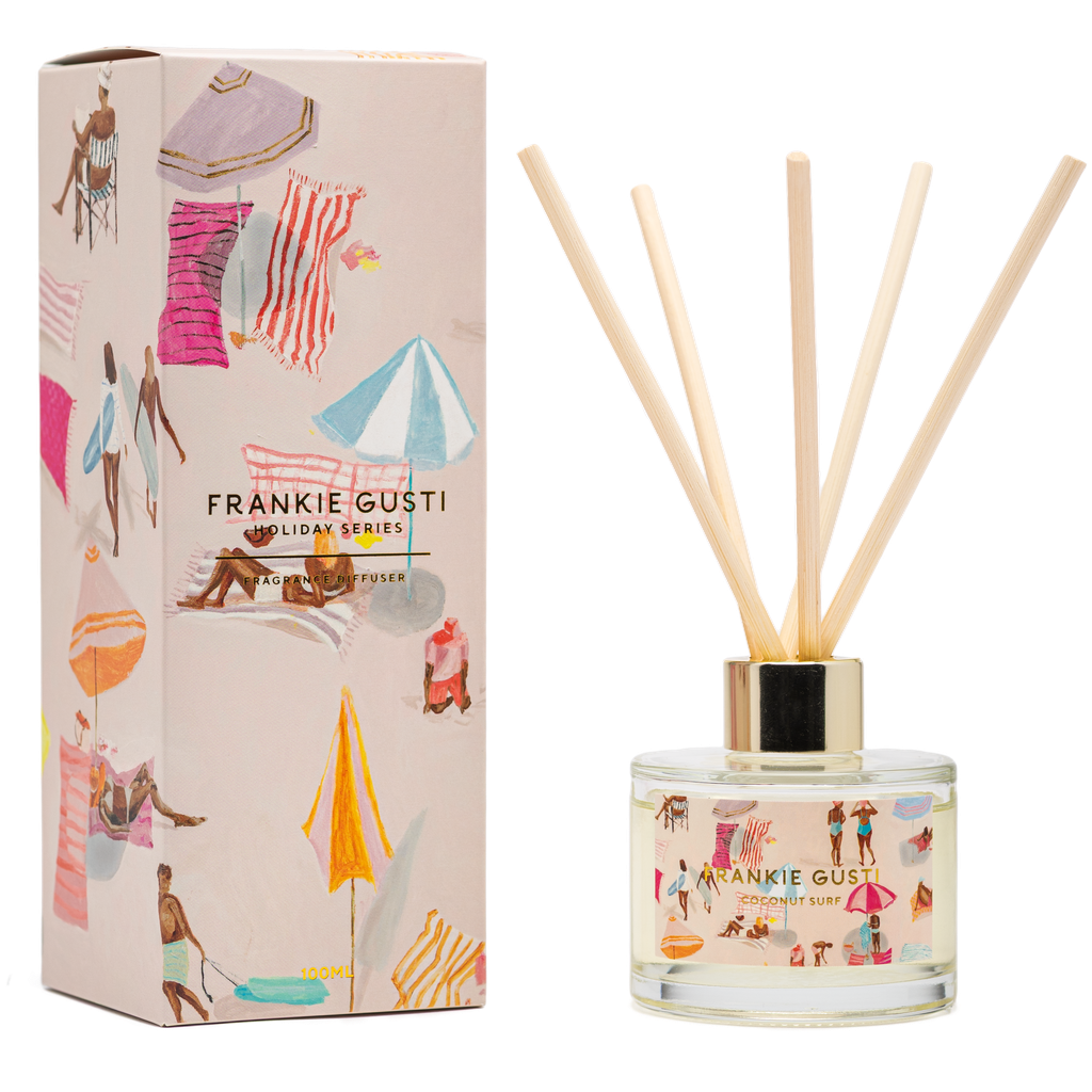 Frankie Gusti diffuser with packaging featuring beach-themed illustrations