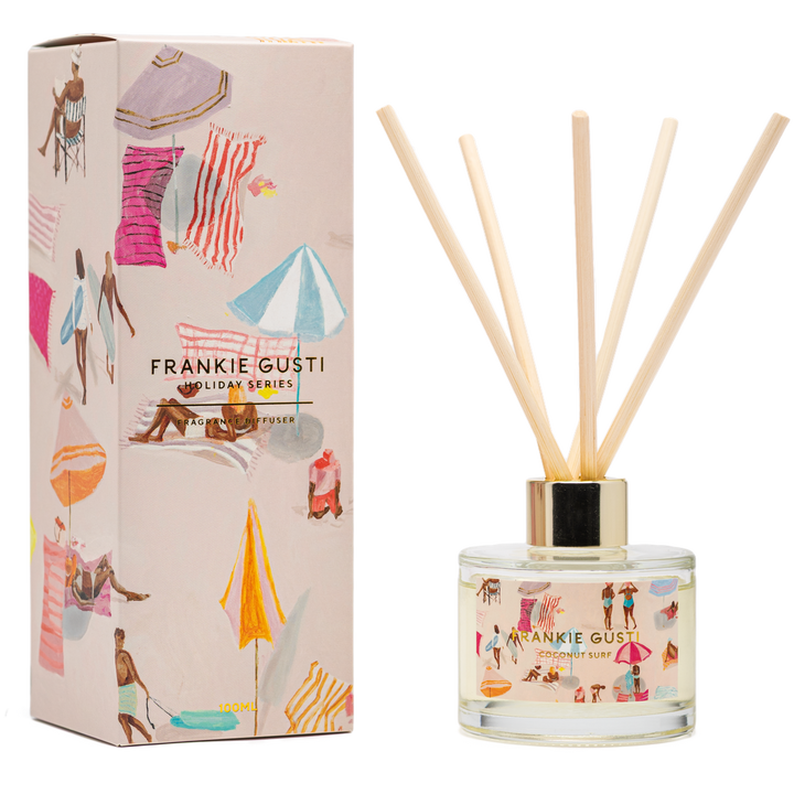Frankie Gusti diffuser with packaging featuring beach-themed illustrations