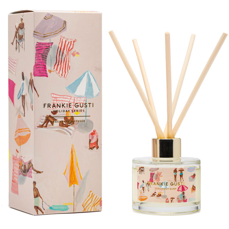 Frankie Gusti diffuser with packaging featuring beach-themed illustrations