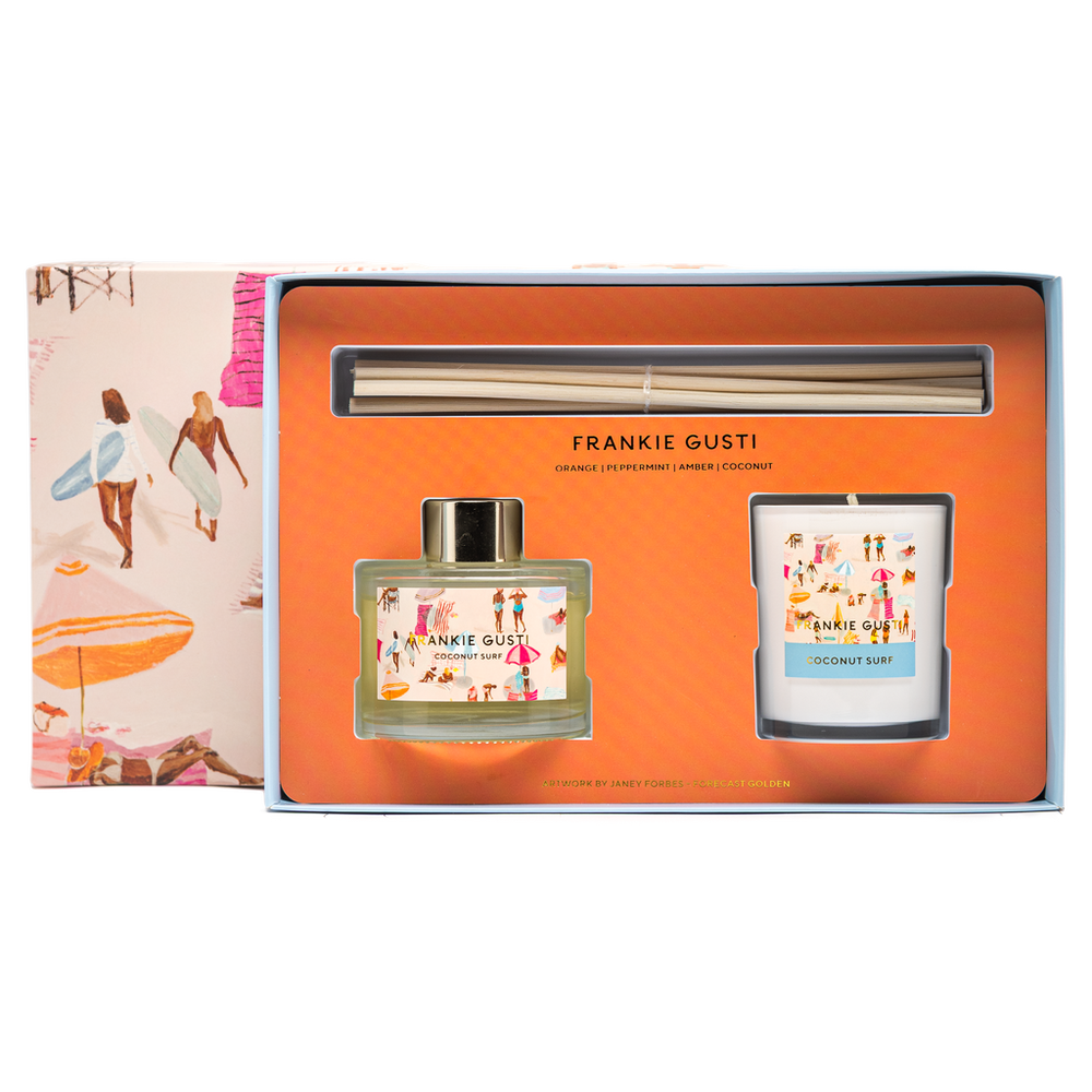 Frankie Gusti perfume and candle set with packaging on a white background