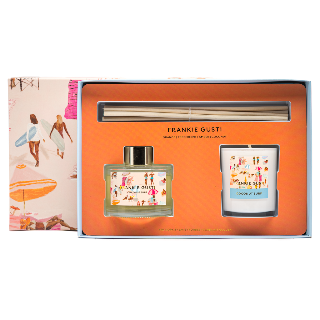 Frankie Gusti perfume and candle set with packaging on a white background